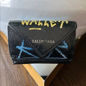 Balenciaga Black Leather Multicolor Graffiti Papier Mini Wallet